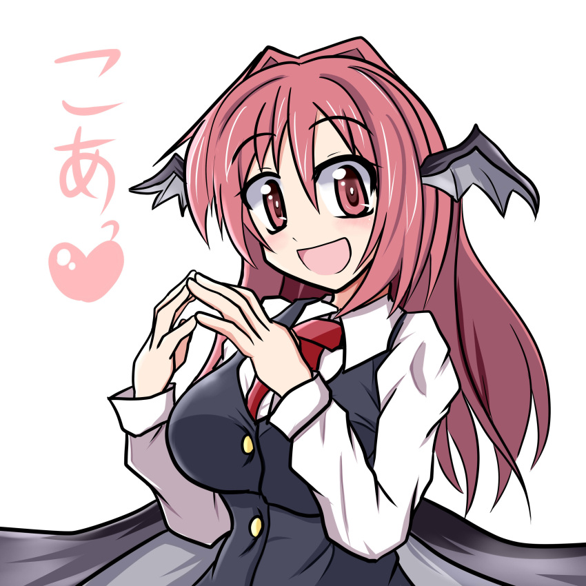 1girl, :d, absurdres, bat_wings, blush, breasts, collared_shirt, commentary_request
