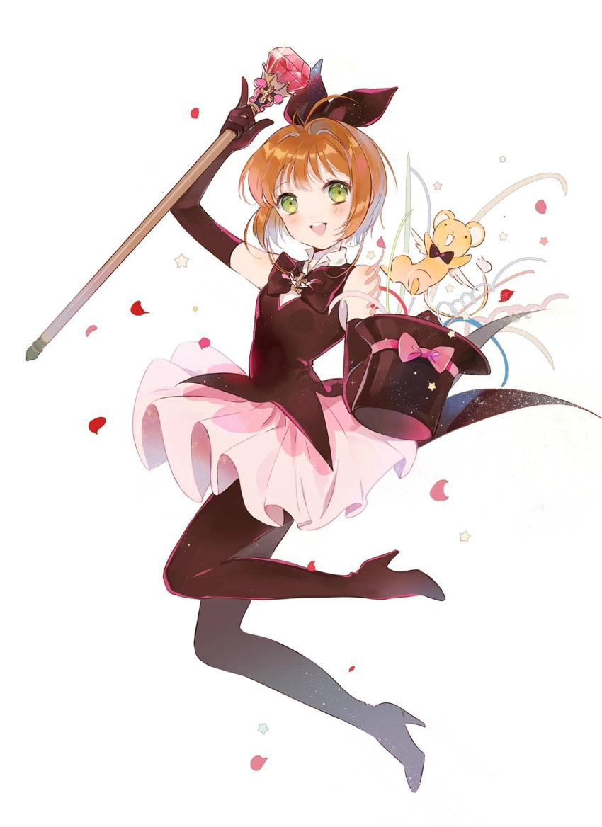 1girl, alicesakura, bare_shoulders, black_bow, black_gloves, black_legwear, bow, bowtie, brown_hair, card_captor_sakura, cosplay, dress, elbow_gloves, full_body, gem, gloves, green_eyes, hair_ribbon, hat, high_heels, highres, jumping, kaitou_saint_tail, kero, kinomoto_sakura, pantyhose, ribbon, saint_tail, saint_tail_(cosplay), short_dress, short_hair, solo, staff, top_hat