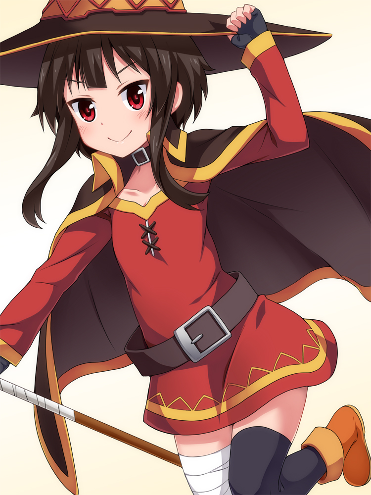 bandage, bandaged_leg, belt, black_gloves, black_hair, black_legwear, cape, collar