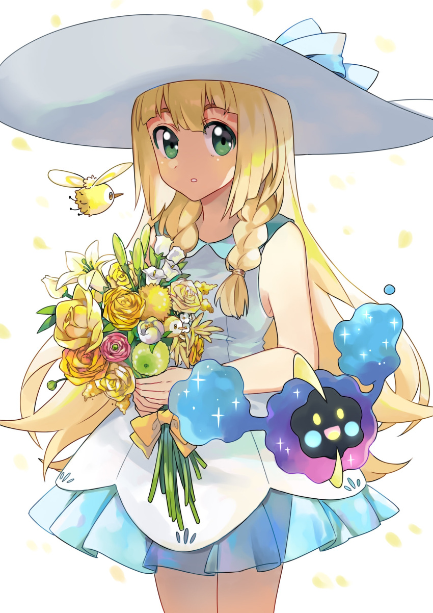 1girl, absurdres, bag, bouquet, braid, collared_dress, cosmog, dress, duffel_bag, flower, hat, highres, lillie_(pokemon), mizuki_(pokemon_sm), o0baijin0o, pokemon, pokemon_(creature), pokemon_(game), pokemon_sm, sleeveless, solo, sun_hat, sundress, twin_braids, white_dress, white_hat