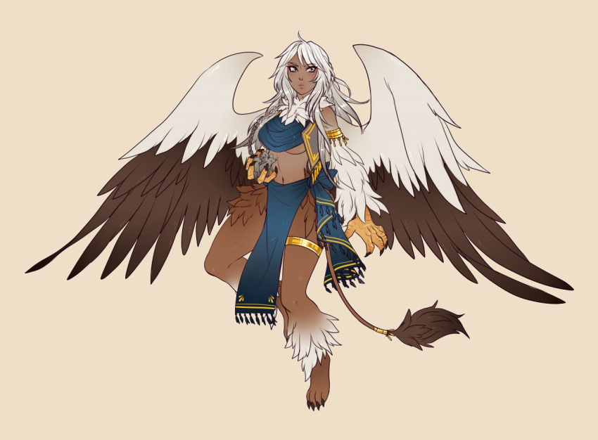 1girl, animal, armband, bangs, bare_shoulders, bird_wings, blush, braid, breasts, claws, closed_mouth, dark_skin, feathered_wings, feathers, flying, full_body, fur, fur_collar, grey_eyes, griffon_(monster_girl_encyclopedia), holding, holding_animal, jewelry, legband, lion_tail, long_hair, looking_at_viewer, manosdetrapo, midriff, monster_girl, monster_girl_encyclopedia, mouse, multicolored, multicolored_wings, navel, paws, pelvic_curtain, pink_background, silver_hair, simple_background, solo, tail, under_boob, wings