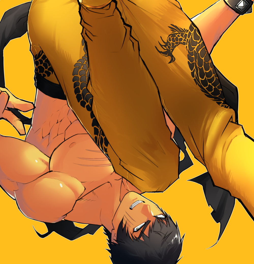 1boy, black_hair, brown_eyes, flats, houjohh, kung_fu, male_focus, marshall_law, muscle, pants, pectorals, scar, shirtless, short_hair, solo, studded_bracelet, tekken, thick_eyebrows, upside-down