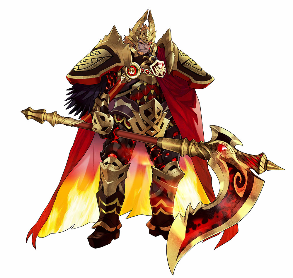 1boy, armor, beard, black_armor, black_sclera, cape, facial_hair, feathers, fire, fire_emblem, fire_emblem_heroes, gem, glowing, gold_armor, greaves, helmet, horned_helmet, maeshima_shigeki, male_focus, molten_rock, official_art, orange_hair, red_cape, red_eyes, scar, scar_across_eye, scythe, strap, surtr_(fire_emblem_heroes)