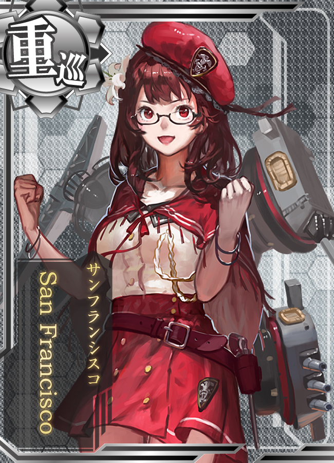 1girl, belt, beret, bracelet, breasts, flower, glasses, gun, hair_flower, hair_ornament, handgun, hat, holster, jeanex, jewelry, mecha_musume, open_mouth, pacific, personification, red_eyes, redhead, revolver, skirt, smile, solo, turret, uss_san_francisco_(ca-38), weapon