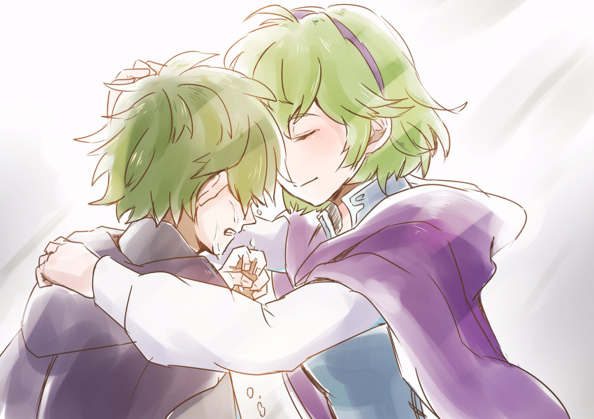 1boy, 1girl, blush, cape, fire_emblem, fire_emblem:_fuuin_no_tsurugi, fire_emblem:_rekka_no_ken, green_hair, hairband, highres, hoshigaki_(hsa16g), hug, lleu_(fire_emblem), mother_and_son, nino_(fire_emblem), open_mouth, short_hair, smile, tears