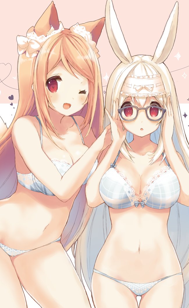 2girls, :o, animal_ears, bangs, bespectacled, bra, breasts, cleavage