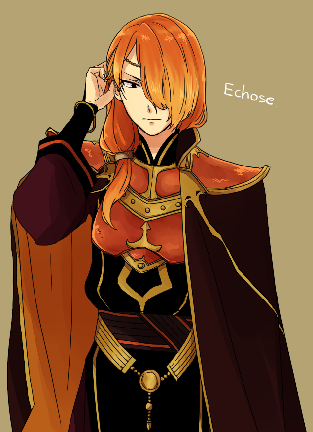 1boy, 31sgic, armor, blonde_hair, bracelet, brown_background, cape, circlet, copyright_name, fire_emblem, fire_emblem_echoes:_mou_hitori_no_eiyuuou, hair_over_one_eye, jewelry, long_hair, low_ponytail, luthier_(fire_emblem), male_focus, multicolored_hair, orange_hair, simple_background, solo, two-tone_hair, upper_body
