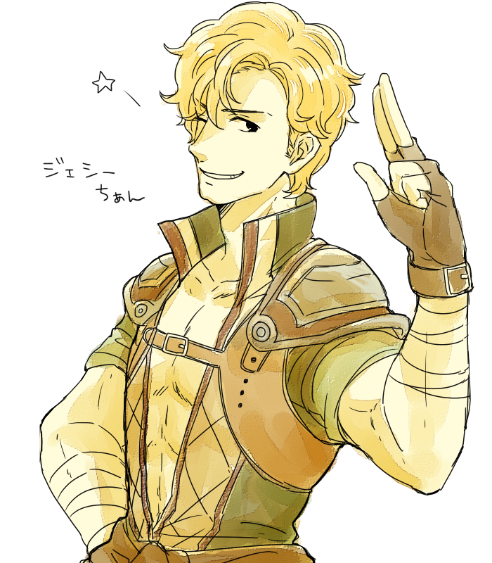 1boy, 31sgic, abs, bandage, blonde_hair, fingerless_gloves, fire_emblem, fire_emblem_echoes:_mou_hitori_no_eiyuuou, gloves, jesse_(fire_emblem), male_focus, one_eye_closed, simple_background, solo, star, teeth, upper_body, white_background