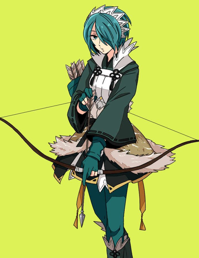 1girl, 31sgic, arrow, blue_eyes, blue_hair, boots, bow_(weapon), fingerless_gloves
