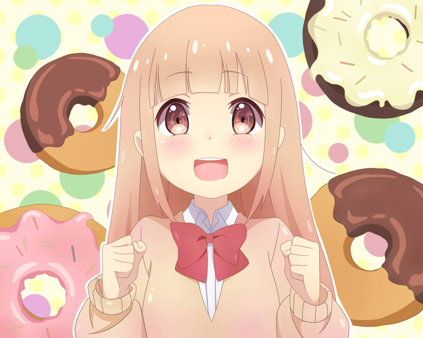 1girl, blush, bow, brown_eyes, brown_hair, doughnut, eyebrows_visible_through_hair, food, highres, kukie-nyan, long_hair, long_sleeves, looking_at_viewer, miyano_(tanakeda), open_mouth, red_bow, smile, solo, tanaka-kun_wa_itsumo_kedaruge, upper_body