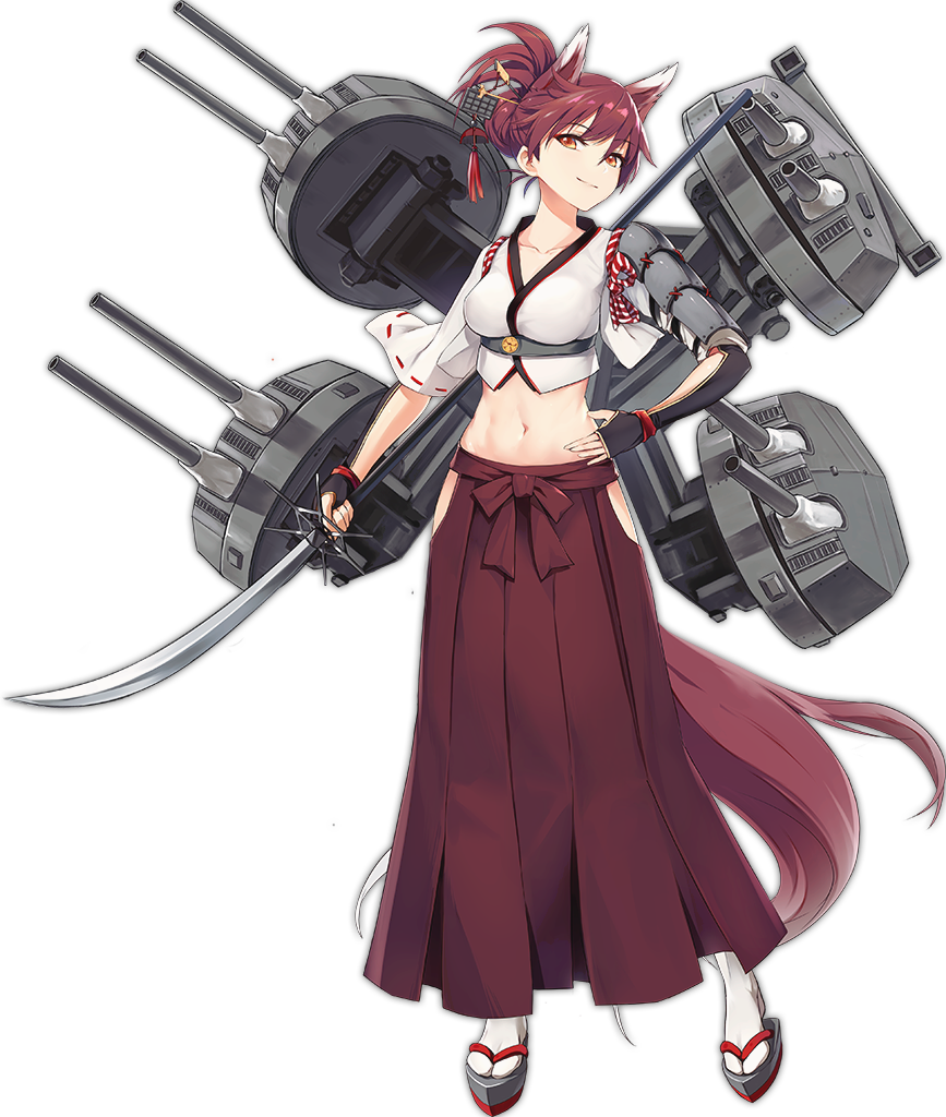 1girl, animal_ears, azur_lane, bangs, breasts, brown_hair, chrysanthemum, collarbone, crop_top, flower, fox_ears, fox_tail, full_body, hair_bun, hakama, hip_vent, ise_(azur_lane), japanese_clothes, katana, kikumon, kisetsu, machinery, medium_breasts, navel, official_art, orange_eyes, short_hair, simple_background, smile, solo, standing, stomach, sword, tail, transparent_background, turret, weapon