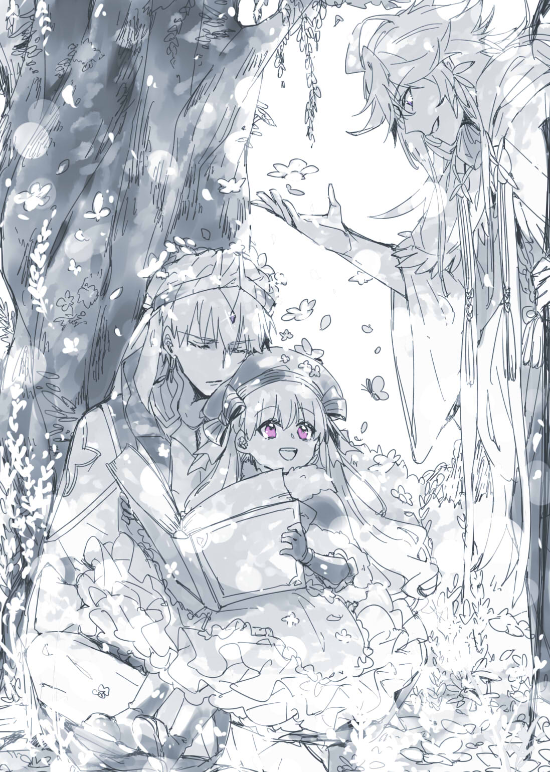 1girl, 2boys, butterfly, closed_eyes, earrings, fate/grand_order, fate_(series), gilgamesh, gilgamesh_(caster)_(fate), greyscale, hachihachi, hat, highres, jewelry, long_hair, looking_at_another, looking_down, looking_up, merlin_(fate/stay_night), monochrome, multiple_boys, nursery_rhyme_(fate/extra), open_mouth, petals, plant, sitting, sitting_on_lap, sitting_on_person, sketch, spot_color, tree, tree_shade, violet_eyes