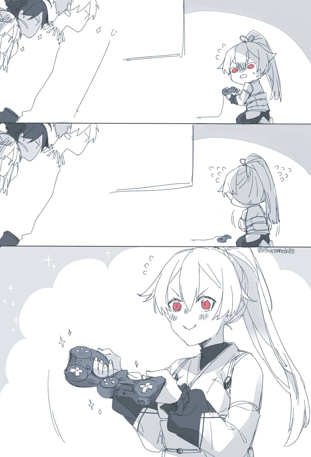 2boys, 2girls, artoria_pendragon_(all), artoria_pendragon_(lancer), blush, comic, controller, earrings, fate/grand_order, fate_(series), flying_sweatdrops, game_controller, gilgamesh, hachihachi, highres, holding, jewelry, long_sleeves, looking_at_another, multiple_boys, multiple_girls, offering, open_mouth, ponytail, rider_(fate/prototype_fragments), seiza, silent_comic, sitting, smile, sparkle, tomoe_gozen_(fate/grand_order)