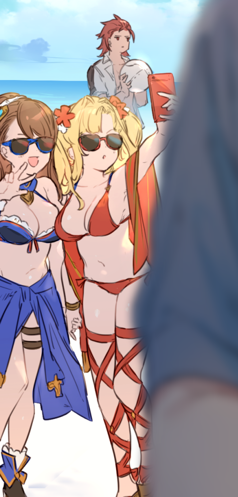 1boy, 2girls, beach, beatrix_(granblue_fantasy), bikini, blonde_hair, brown_hair, cellphone