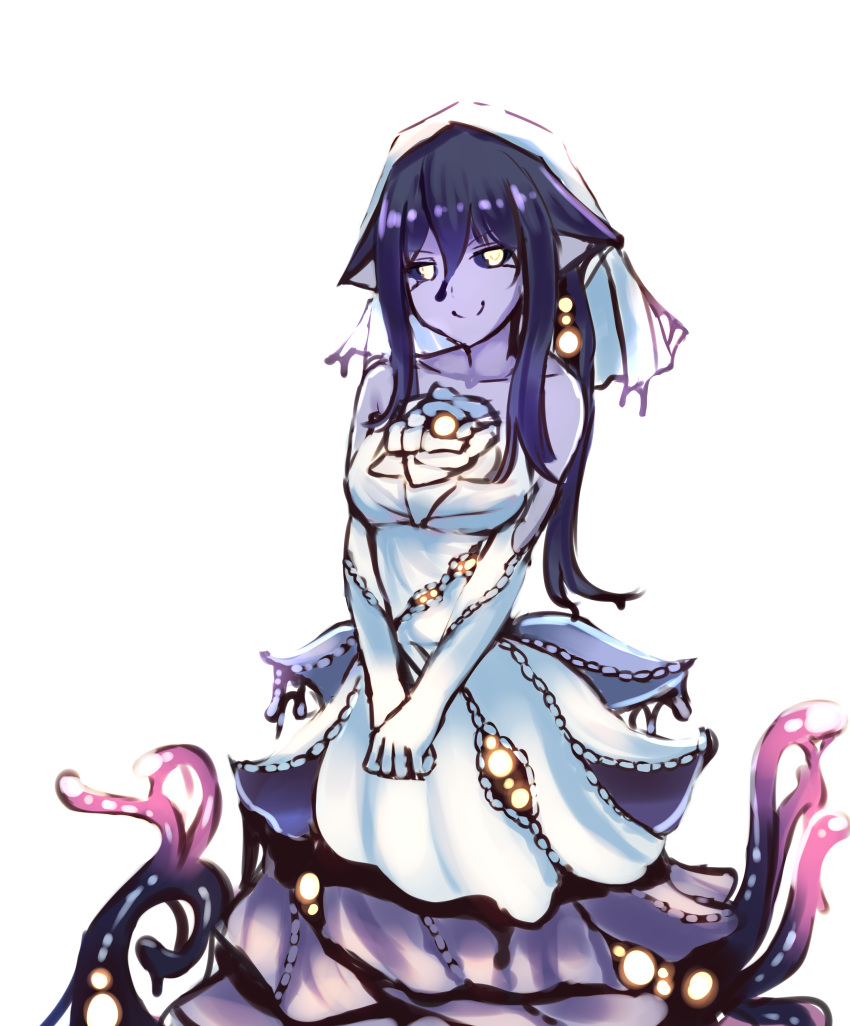 1girl, absurdres, bangs, closed_mouth, commission, cowboy_shot, dress, elbow_gloves, eldritch_abomination, extra_eyes, gloves, goo_girl, hair_between_eyes, hexunart, highres, long_hair, looking_at_viewer, monster_girl, monster_girl_encyclopedia, purple_hair, purple_skin, shoggoth_(monster_girl_encyclopedia), simple_background, smile, solo, standing, tentacle, v-shaped_eyebrows, v_arms, veil, wedding_dress, white_background, white_dress, white_gloves, yellow_eyes