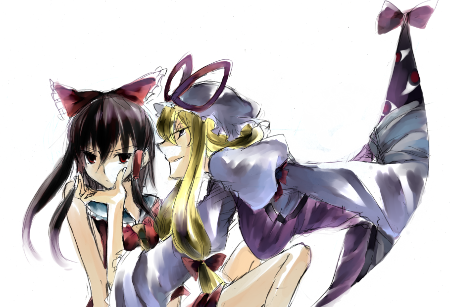 abaraya, bad_id, bare_shoulders, blonde_hair, bow, brown_hair, chin_grab, frown