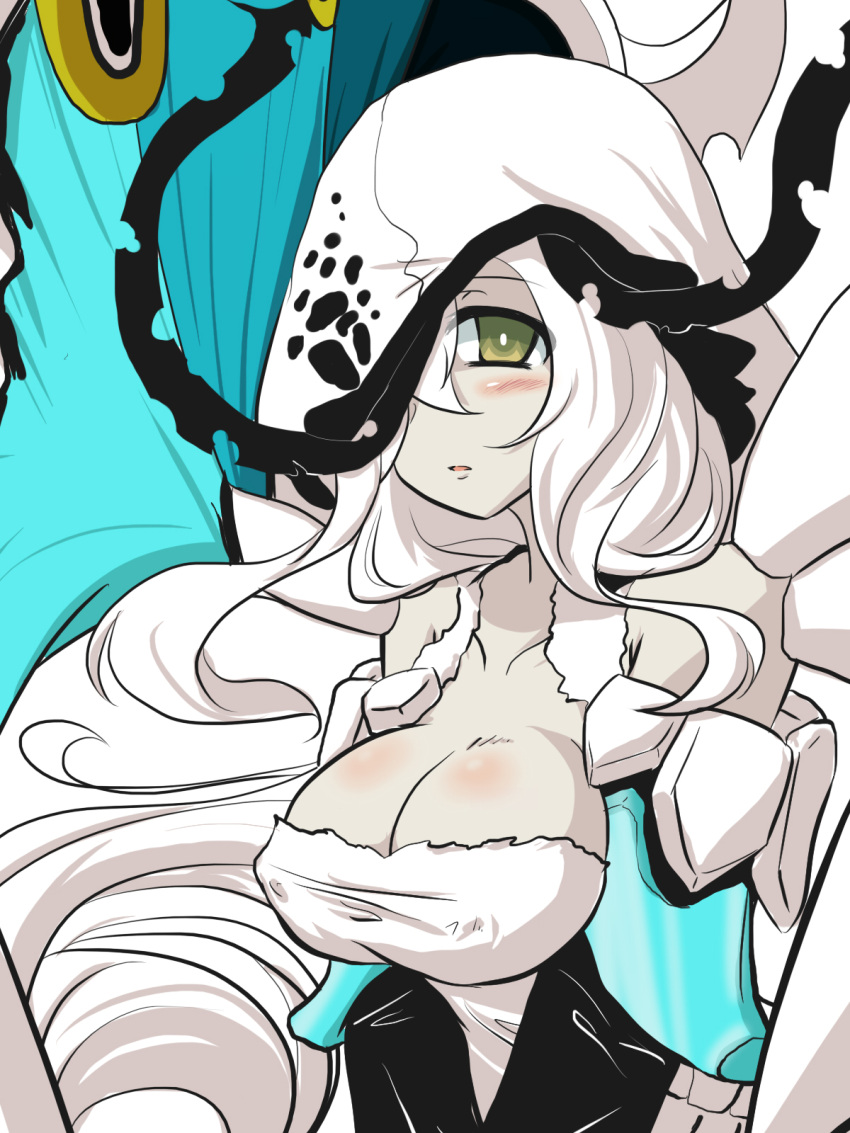 1girl, blush, breasts, cleavage, commentary_request, entombed_air_defense_guardian_hime, erect_nipples, gomasamune