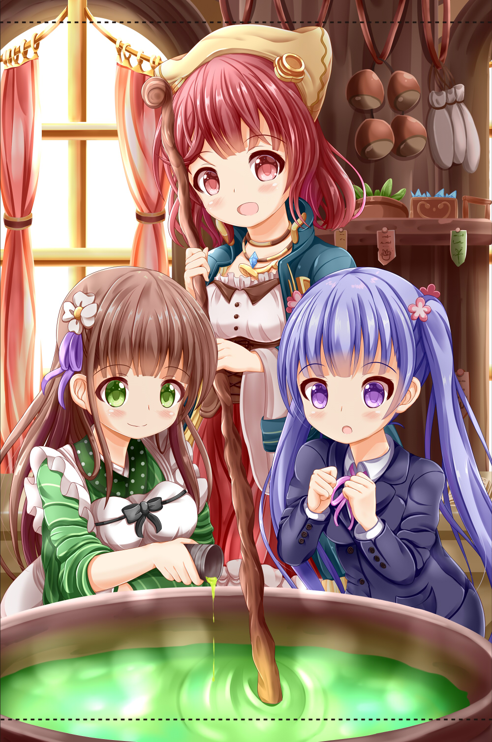3girls, :d, :o, ama_usa_an_uniform, apron, atelier_(series), atelier_sophie, bangs