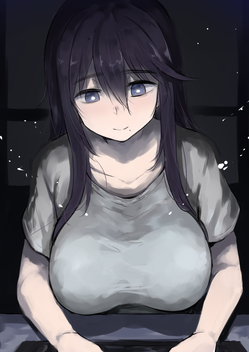 1girl, bags_under_eyes, blue_eyes, breasts, closed_mouth, collarbone, commentary_request, eyebrows_visible_through_hair