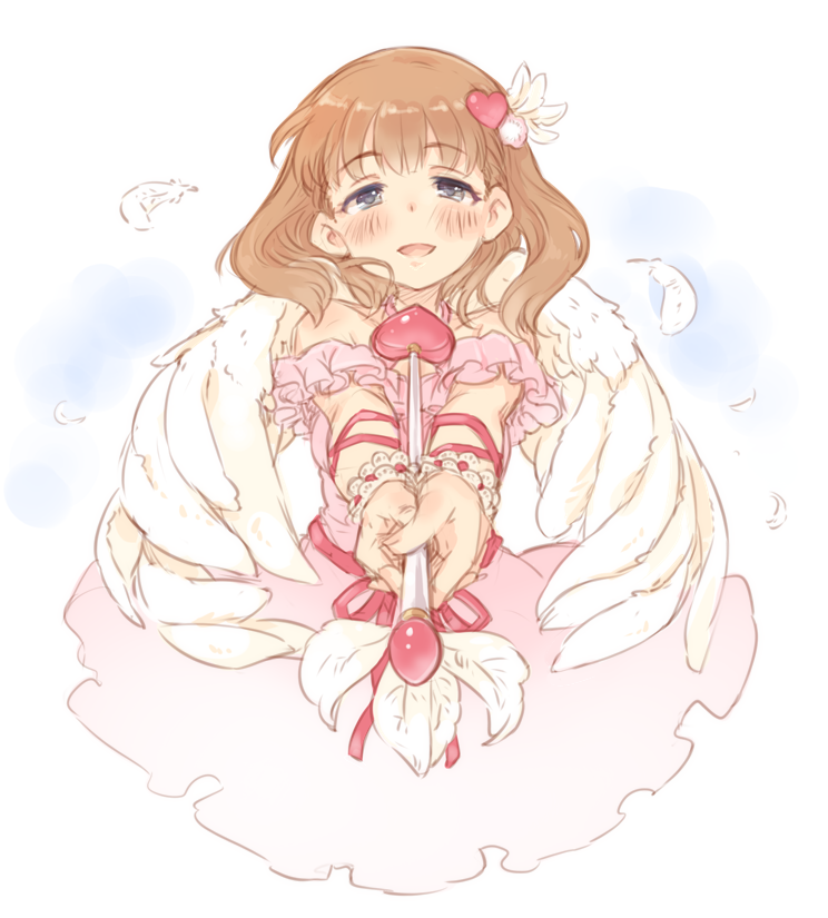 1girl, 7010, :d, angel_wings, arrow, bare_shoulders, blue_eyes, blush, breasts, brown_hair, commentary, dress, eyebrows_visible_through_hair, feathered_wings, feathers, hair_ornament, heart-shaped_arrow, heart_hair_ornament, idolmaster, idolmaster_cinderella_girls, looking_at_viewer, medium_breasts, off-shoulder_dress, off_shoulder, open_mouth, outstretched_arms, pink_dress, ribbon, sakuma_mayu, smile, solo, upper_body, wings, wrist_ribbon