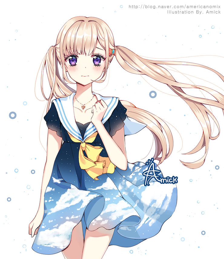 1girl, amick_(americanomix), artist_name, blonde_hair, blue_sky, blush, clouds, dress