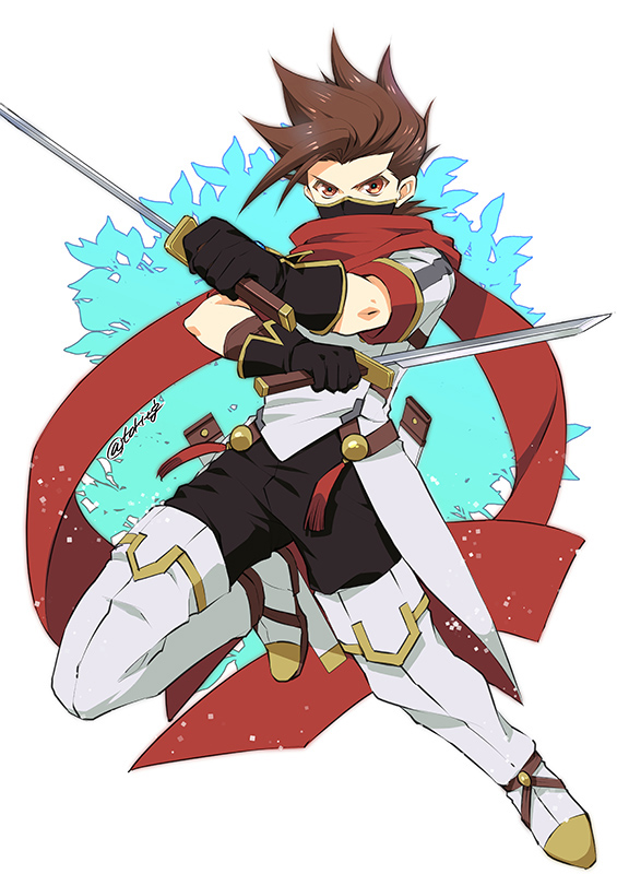 1boy, alternate_costume, black_gloves, black_pants, boots, brown_eyes, brown_hair, dual_wielding