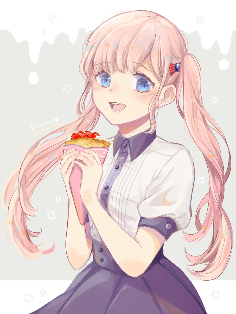 1girl, :d, alternate_eye_color, bangs, blue_eyes, blunt_bangs, character_name, food
