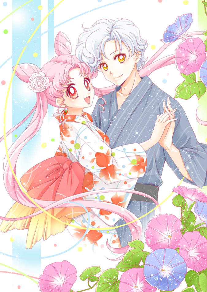 1boy, 1girl, :d, animal_print, bishoujo_senshi_sailor_moon, chibi_usa, couple, double_bun, fish_print, flower, goldfish_print, hair_flower, hair_ornament, helios_(sailor_moon), hetero, interlocked_fingers, ipomoea, japanese_clothes, kimono, looking_at_viewer, older, open_mouth, pink_eyes, pink_hair, red_eyes, rose, sarashina_kau, short_hair, simple_background, small_lady_serenity, smile, twintails, white_hair, white_rose, yellow_eyes, yukata