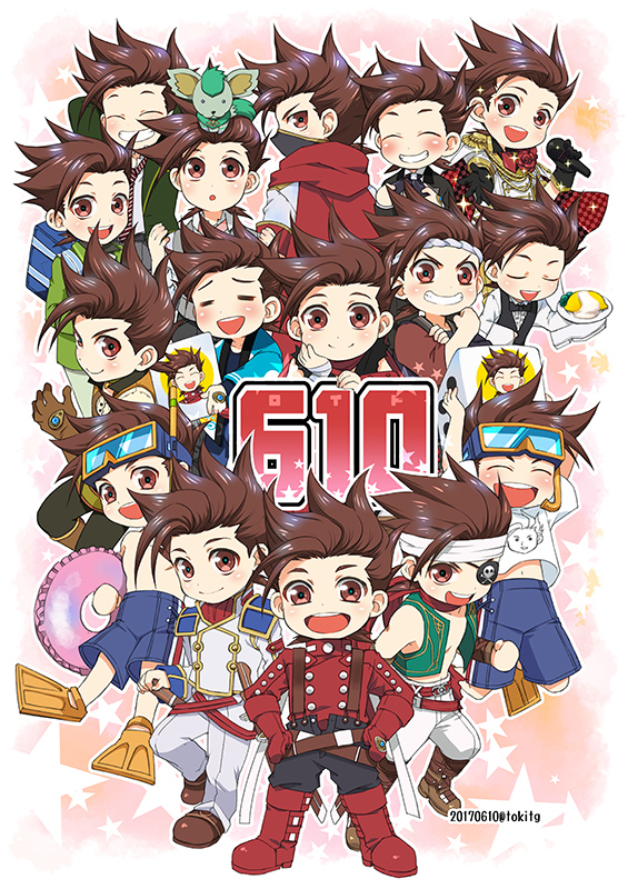 6+boys, :d, alternate_costume, belt, black_pants, boots, bow, bowtie