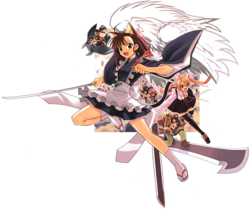 animal_ears, asymmetrical_bangs, bangs, bell, cat_ears, dress, ensis_exorcizans, flying