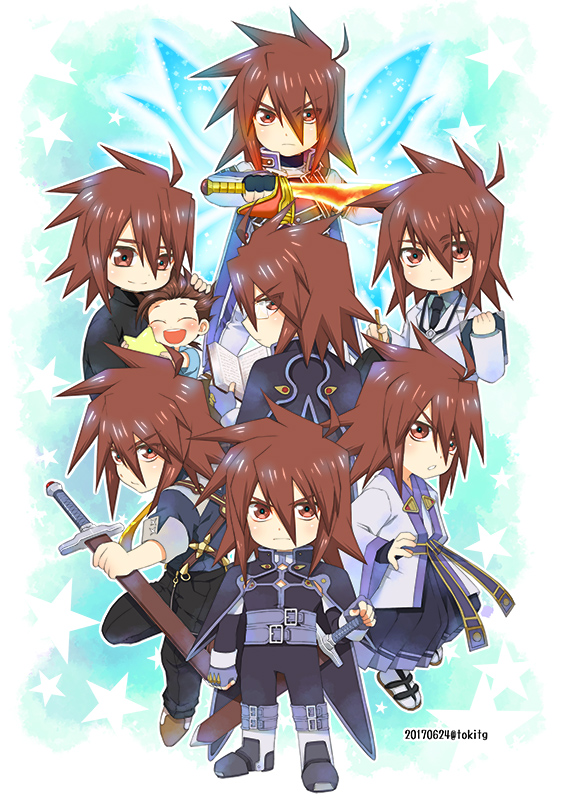 6+boys, black_gloves, black_hakama, black_shirt, blue_background, blue_gloves, boots, brown_hair
