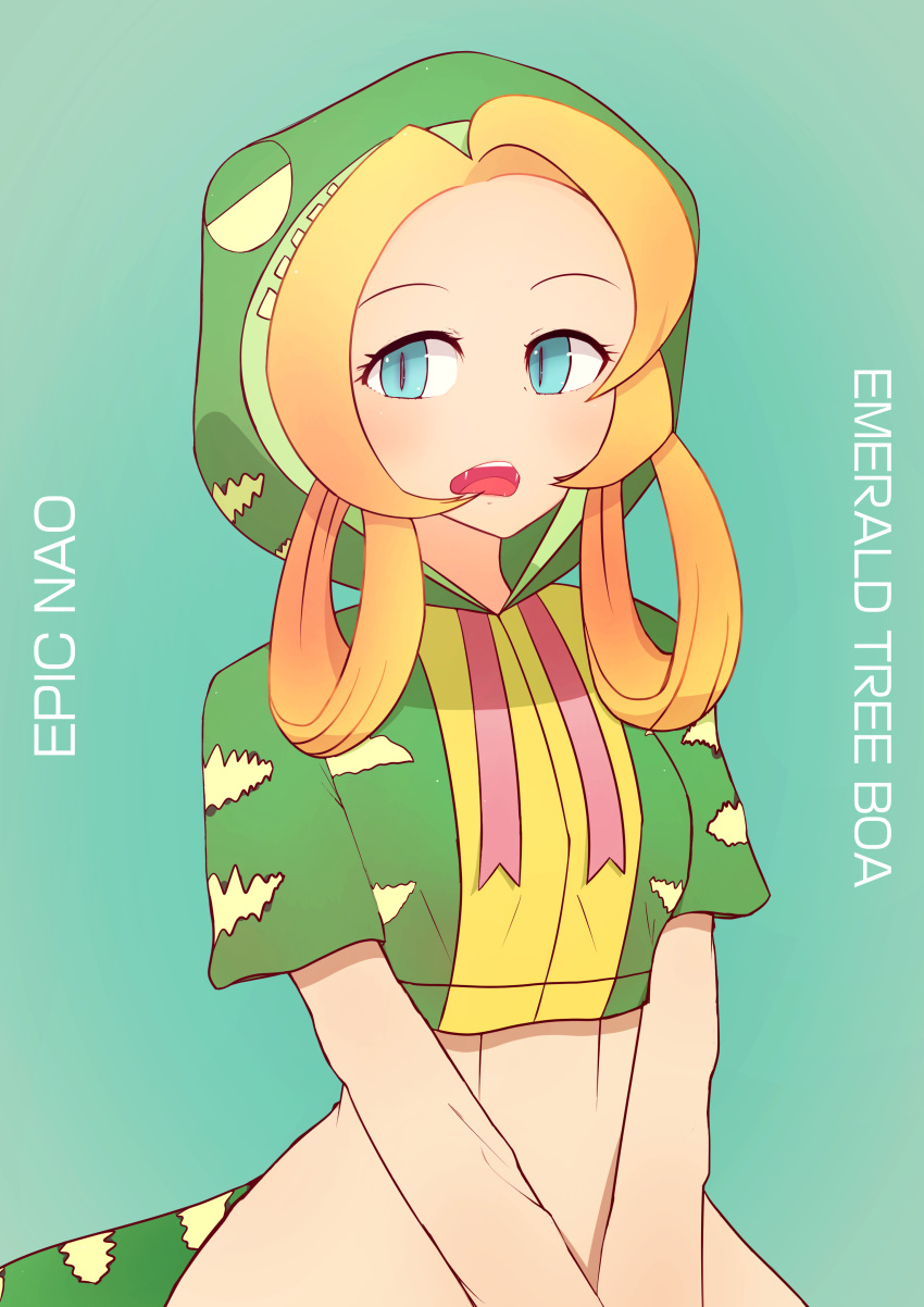 1girl, absurdres, aqua_background, artist_name, blonde_hair, blue_eyes, character_name, emerald_tree_boa_(kemono_friends)