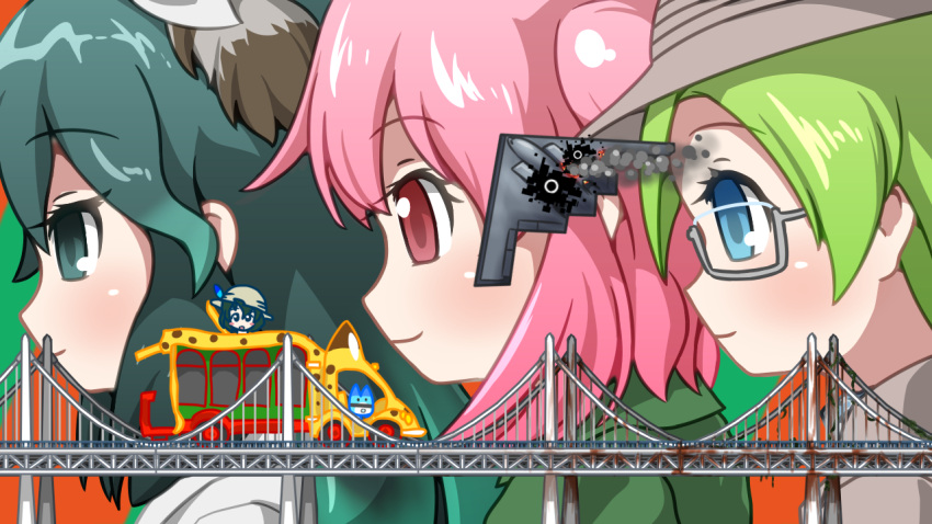 4girls, b-2_spirit, black_eyes, black_hair, blue_eyes, bridge, bucket_hat, cerulean_(kemono_friends)