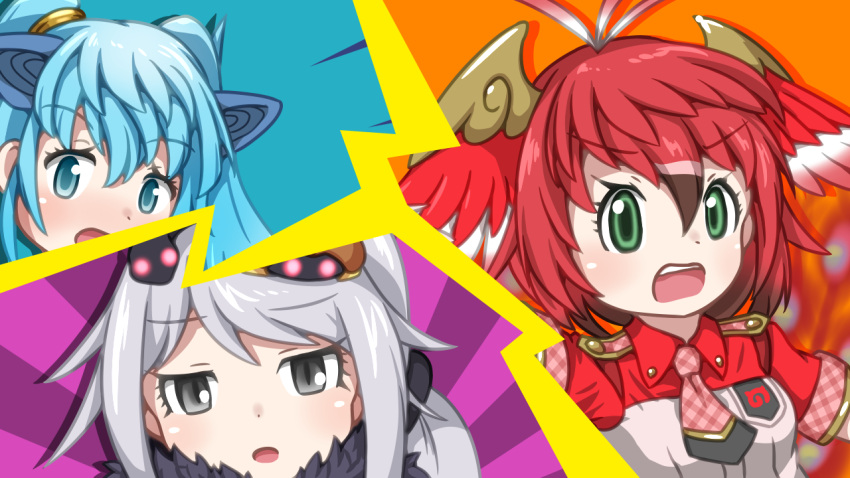 3girls, :o, black_eyes, blue_eyes, blue_hair, brown_hair, eyebrows_visible_through_hair, fur_collar