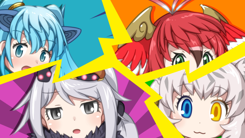 4girls, :3, :o, black_eyes, blue_eyes, blue_hair, brown_hair, byakko_(kemono_friends)