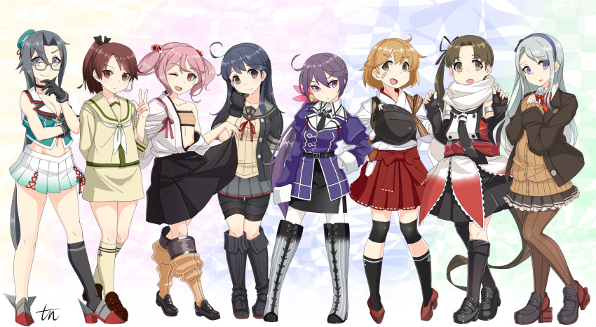 6+girls, abukuma_(kantai_collection), abukuma_(kantai_collection)_(cosplay), ahoge, akebono_(kantai_collection), alternate_costume, amagiri_(kantai_collection), ascot, asymmetrical_bangs, asymmetrical_legwear, ayanami_(kantai_collection), bandaid, bandaid_on_face, bandeau, bangs, bare_shoulders, bell, beret, bike_shorts, black_eyes, black_gloves, black_hair, black_legwear, black_skirt, blazer, blue_hairband, boots, brown_eyes, brown_hair, brown_legwear, brown_skirt, choukai_(kantai_collection), choukai_(kantai_collection)_(cosplay), cosplay, elbow_gloves, fingerless_gloves, flower, frilled_skirt, frills, glasses, gloves, grey_eyes, grey_hair, hadanugi_dousa, hair_bell, hair_bobbles, hair_flower, hair_ornament, hair_ribbon, hairband, hakama, hakama_skirt, hat, highres, hip_vent, jacket, japanese_clothes, jingle_bell, kantai_collection, knee_boots, kumano_(kantai_collection), kumano_(kantai_collection)_(cosplay), long_hair, long_sleeves, midriff, multiple_girls, muneate, nachi_(kantai_collection), nachi_(kantai_collection)_(cosplay), navel, neckerchief, oboro_(kantai_collection), one_eye_closed, open_mouth, oversized_clothes, pantyhose, pencil_skirt, pink_eyes, pink_hair, pleated_skirt, ponytail, purple_hair, red_hakama, remodel_(kantai_collection), ribbon, rudder_shoes, sagiri_(kantai_collection), sazanami_(kantai_collection), scarf, school_uniform, sendai_(kantai_collection), sendai_(kantai_collection)_(cosplay), serafuku, shikinami_(kantai_collection), short_hair, short_ponytail, shorts_under_skirt, shouhou_(kantai_collection), shouhou_(kantai_collection)_(cosplay), side_ponytail, silver_hair, single_thighhigh, skirt, tasuki, thigh-highs, tun, twintails, uniform, ushio_(kantai_collection), very_long_hair, violet_eyes, white_gloves, white_legwear, white_scarf, white_skirt, zettai_ryouiki, zuikaku_(kantai_collection), zuikaku_(kantai_collection)_(cosplay)