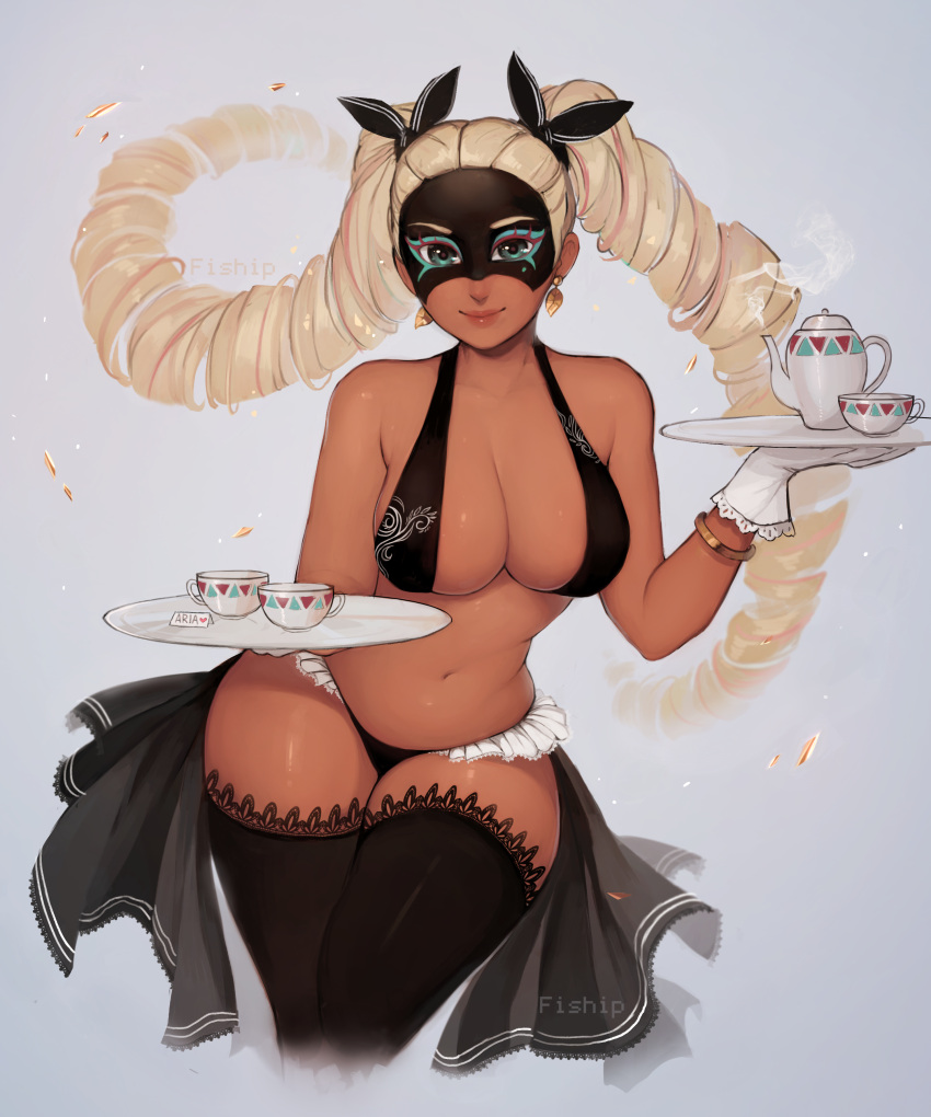 1girl, absurdres, arms_(game), bare_shoulders, bikini, black_bikini, black_bow, black_legwear