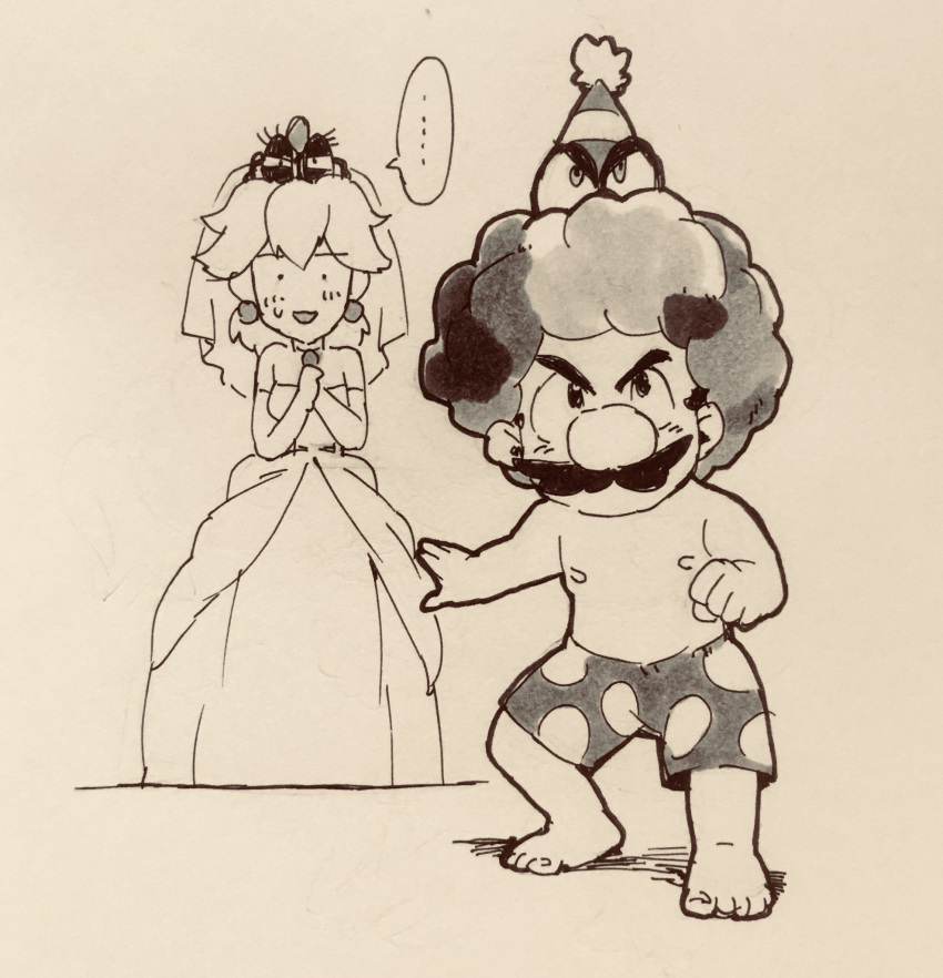 ..., 1boy, 1girl, afro, cappy_(mario), clown_wig, dress, facial_hair, greyscale, hat, highres, male_swimwear, mario, super_mario_bros., monochrome, mustache, nemurism, nintendo, nintendo_ead, nipples, party_hat, princess_peach, spoken_ellipsis, super_mario_odyssey, swim_trunks, swimwear, tiara, tiara_(mario), traditional_media, wedding_dress, what, wig