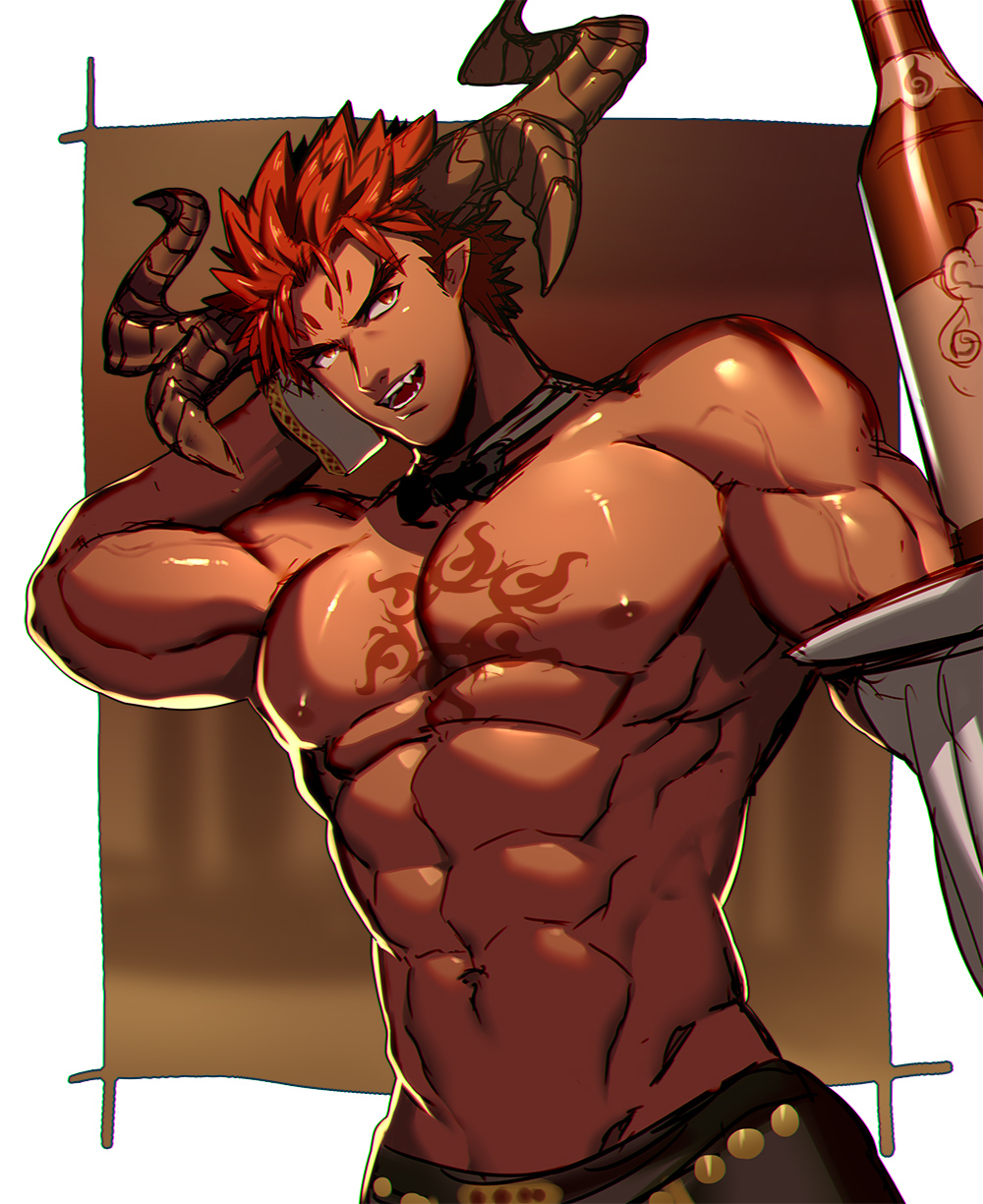 1boy, abs, black_neckwear, bottle, bow, bowtie, chest_tattoo, dark_skin, dark_skinned_male, detached_collar, highres, horns, ifrit_(tokyo_houkago_summoners), looking_at_viewer, lvlv, male_focus, muscle, nipples, pointy_ears, redhead, shirtless, solo, tattoo, tokyo_houkago_summoners, toned, toned_male, tray, wine_bottle