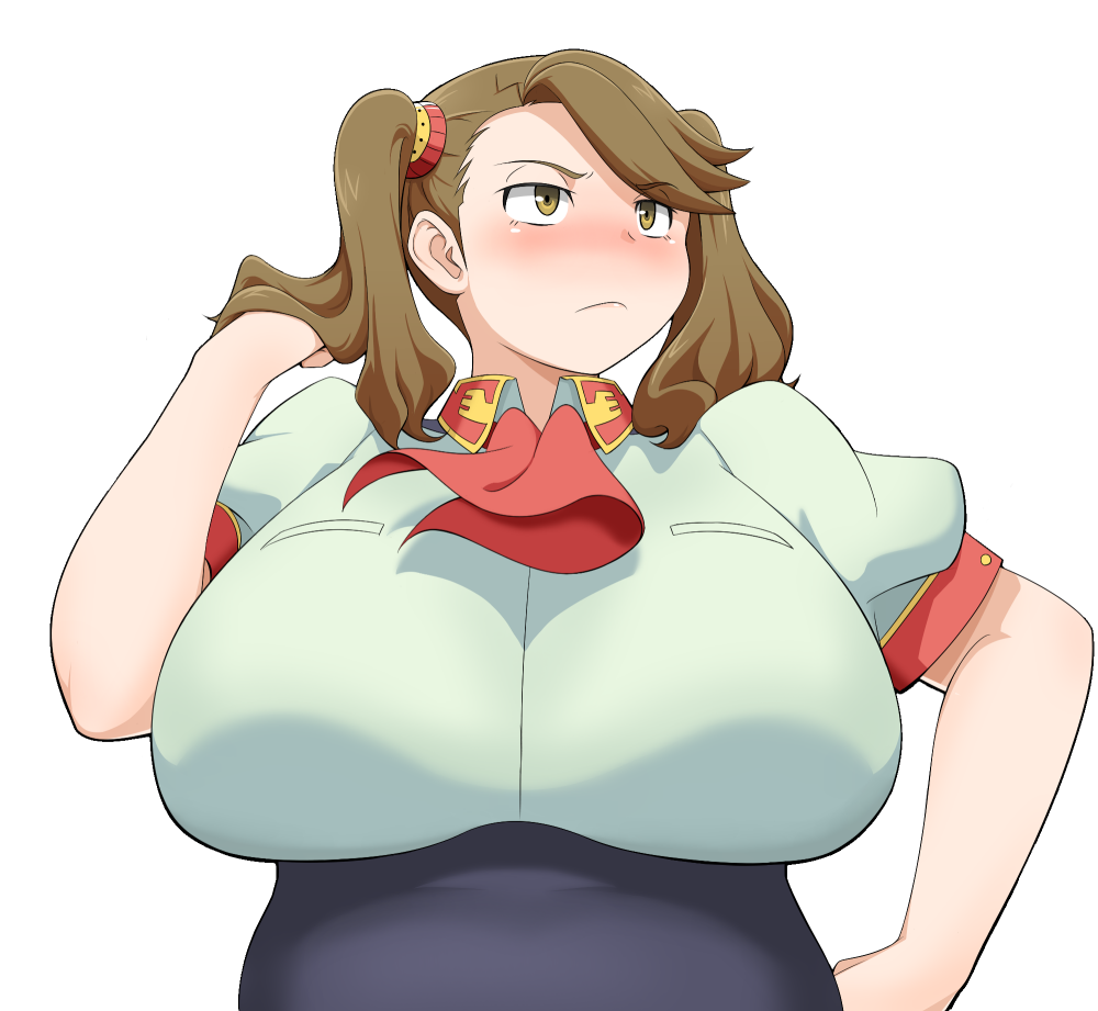 1girl, belly, blush, breasts, brown_eyes, brown_hair, curvy, gundam