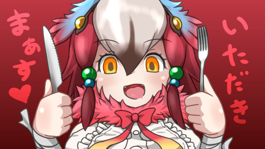 1girl, :d, blue_hair, bow, bowtie, brown_hair, empty_eyes, eyebrows_visible_through_hair