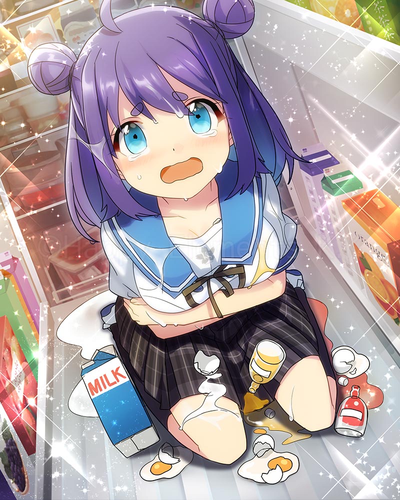 1girl, ahoge, blue_eyes, crying, double_bun, egg, ensemble_girls!, food, kirishima_kairi, looking_at_viewer, messy, milk, purple_hair, school_uniform, tears