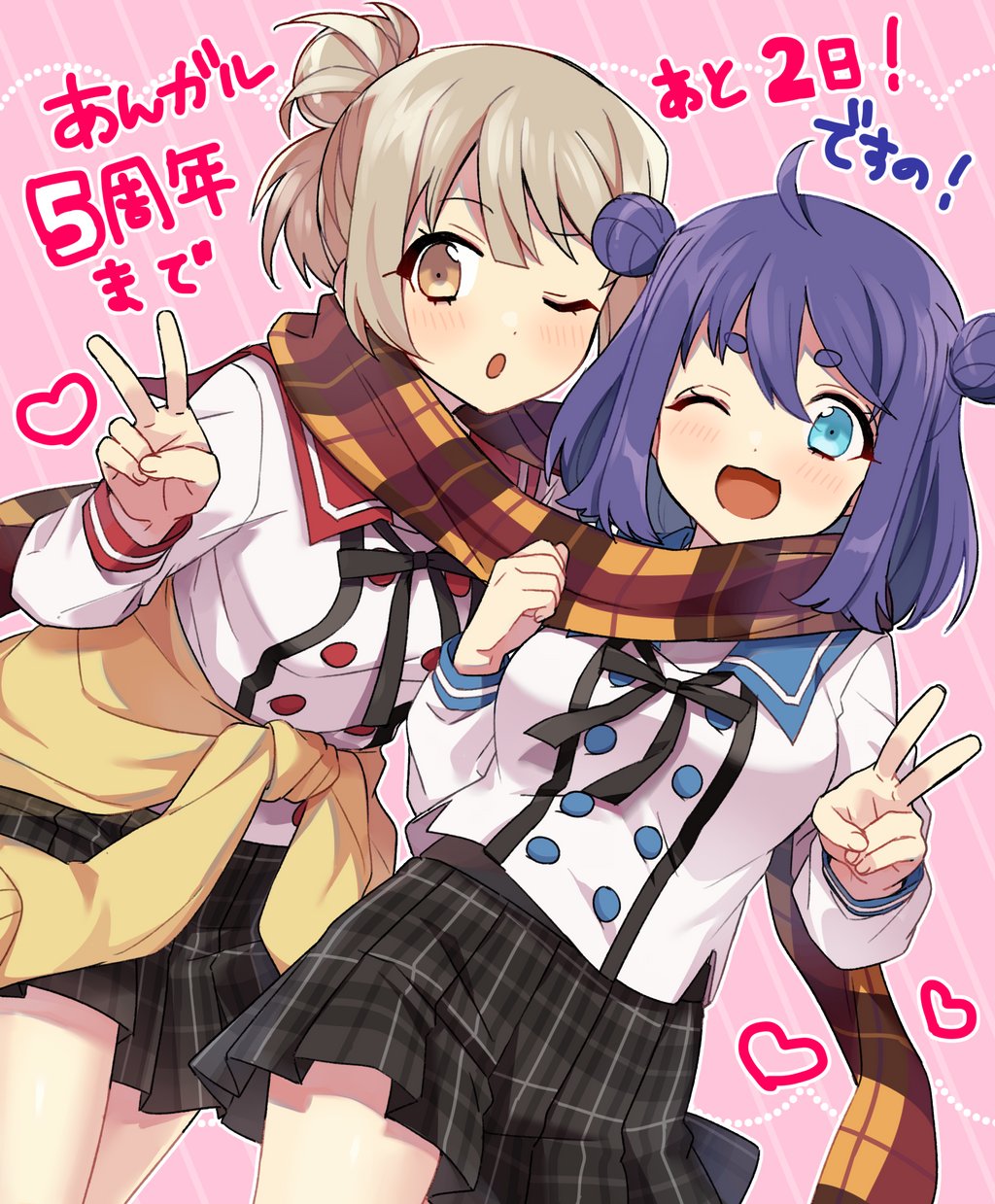 2girls, :3, blue_eyes, blush, brown_hair, double_bun, ensemble_girls!, highres