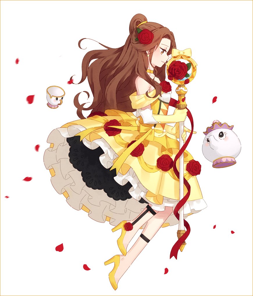 1girl, adapted_costume, beauty_and_the_beast, beauty_and_the_beast_(disney), belle_(disney), brown_eyes, brown_hair, chip_potts, choker, disney, earrings, elbow_gloves, flower, gloves, hair_flower, hair_ornament, hakusai_(tiahszld), high_heels, jewelry, long_hair, magical_girl, mother_and_son, mrs._potts, mrs_potts, objectification, petals, red_rose, ribbon, rose, rose_petals, simple_background, staff, white_background