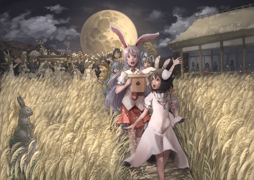 6+girls, animal_ears, architecture, black_hair, blonde_hair, blue_hair, cabbie_hat, carrying