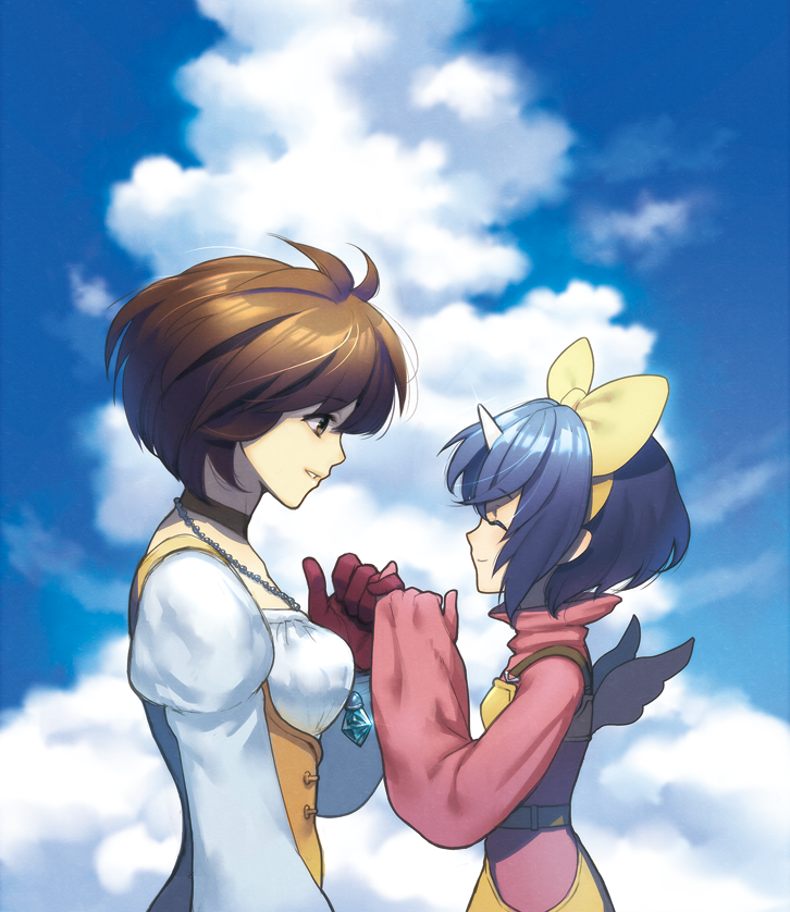 2girls, blouse, blue_sky, bodysuit, bow, brown_eyes, brown_hair, choker