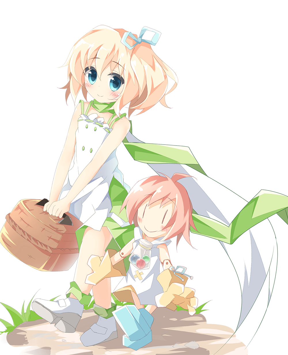 2girls, bangs, bare_arms, bare_shoulders, basket, belle_(katahane), blonde_hair, blue_footwear