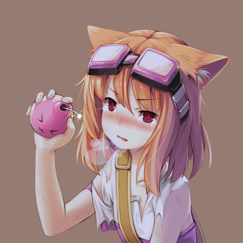 >_<, 1girl, :3, animal_ears, arm_up, bag, bangs, blush
