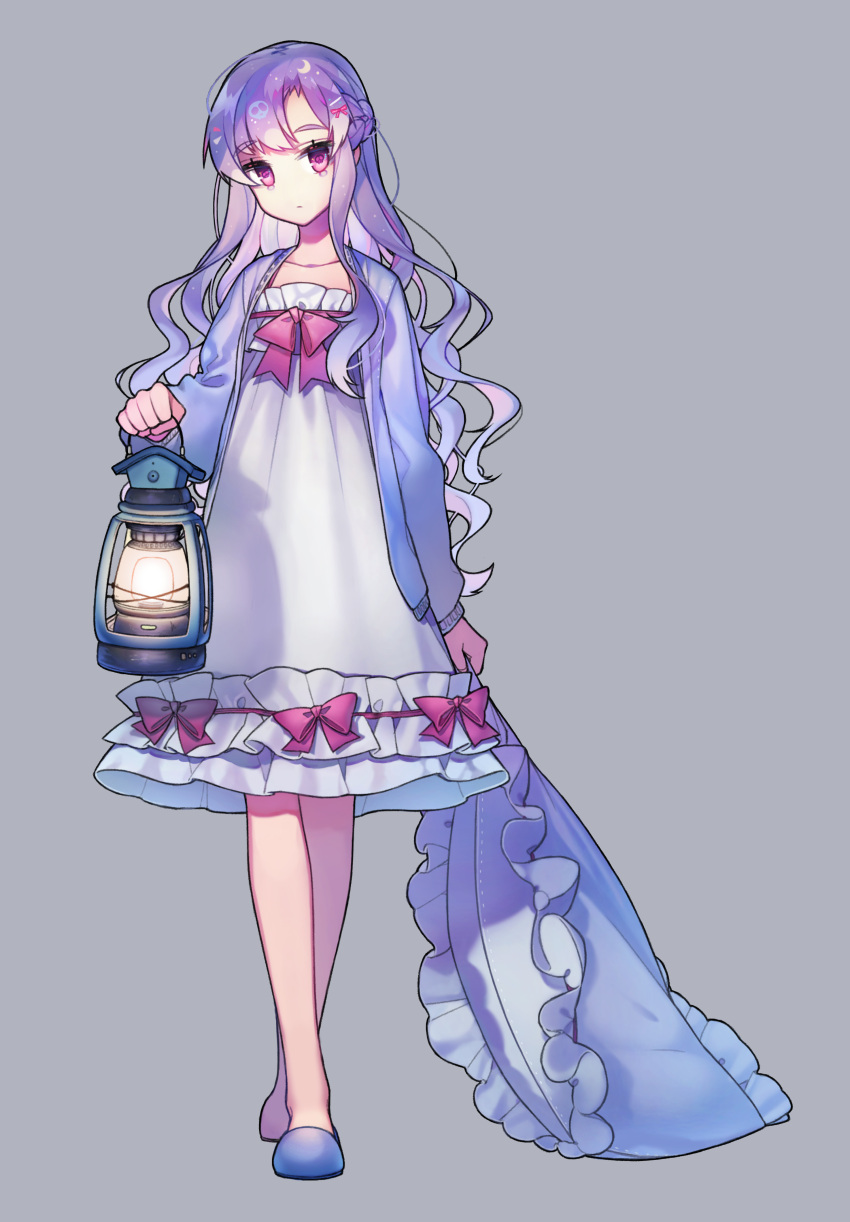 1girl, absurdres, arm_at_side, asymmetrical_bangs, bangs, bow, braid, collarbone, crescent_moon, crown_braid, curly_hair, dragging, expressionless, eyebrows_visible_through_hair, eyelashes, flat_chest, frilled, frilled_pillow, frills, grey_background, hair_bow, hair_ornament, hand_up, head_tilt, held, highres, holding_lantern, jitome, lantern, legs_crossed, light, long_hair, looking_at_viewer, moon, night_clothes, nightgown, original, pillow, purple_hair, samnim, simple_background, single_braid, single_sidelock, skull-shaped_pupils, skull_hair_ornament, slippers, solo, violet_eyes, walking