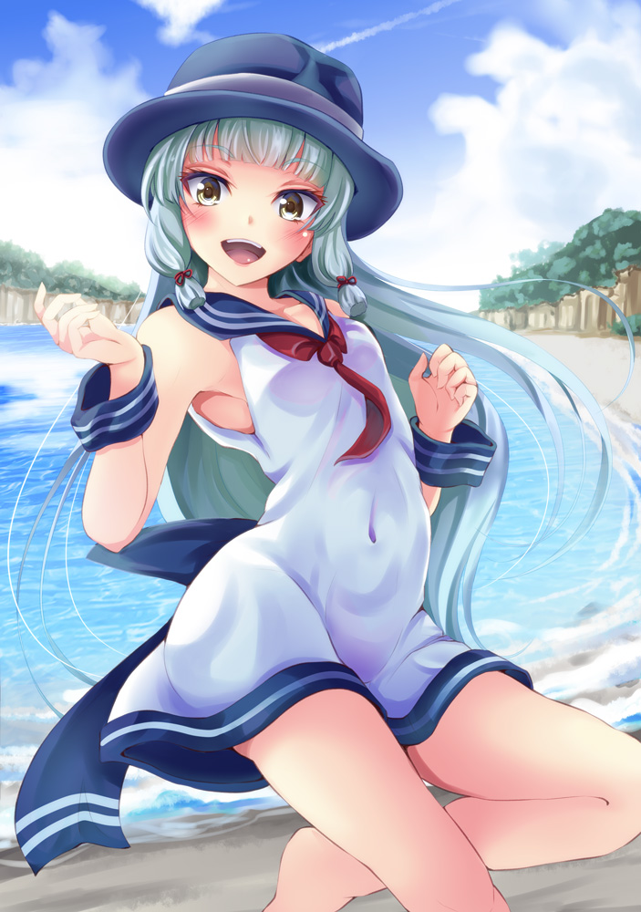 1girl, :d, adapted_uniform, alternate_costume, armpits, beach, blue_sky, bow